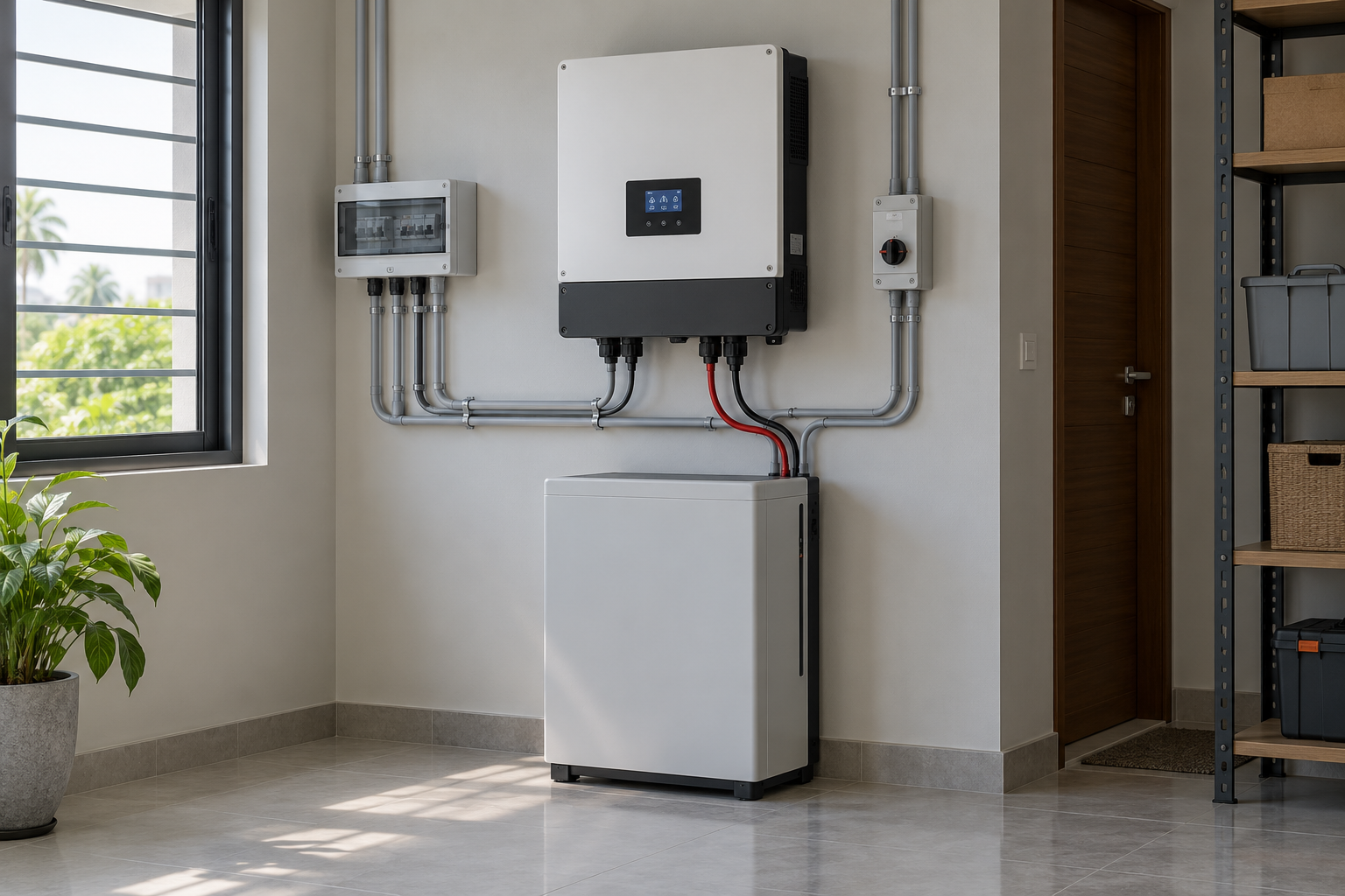 Illustration of a wall-mounted inverter and enclosed battery cabinet in a utility room