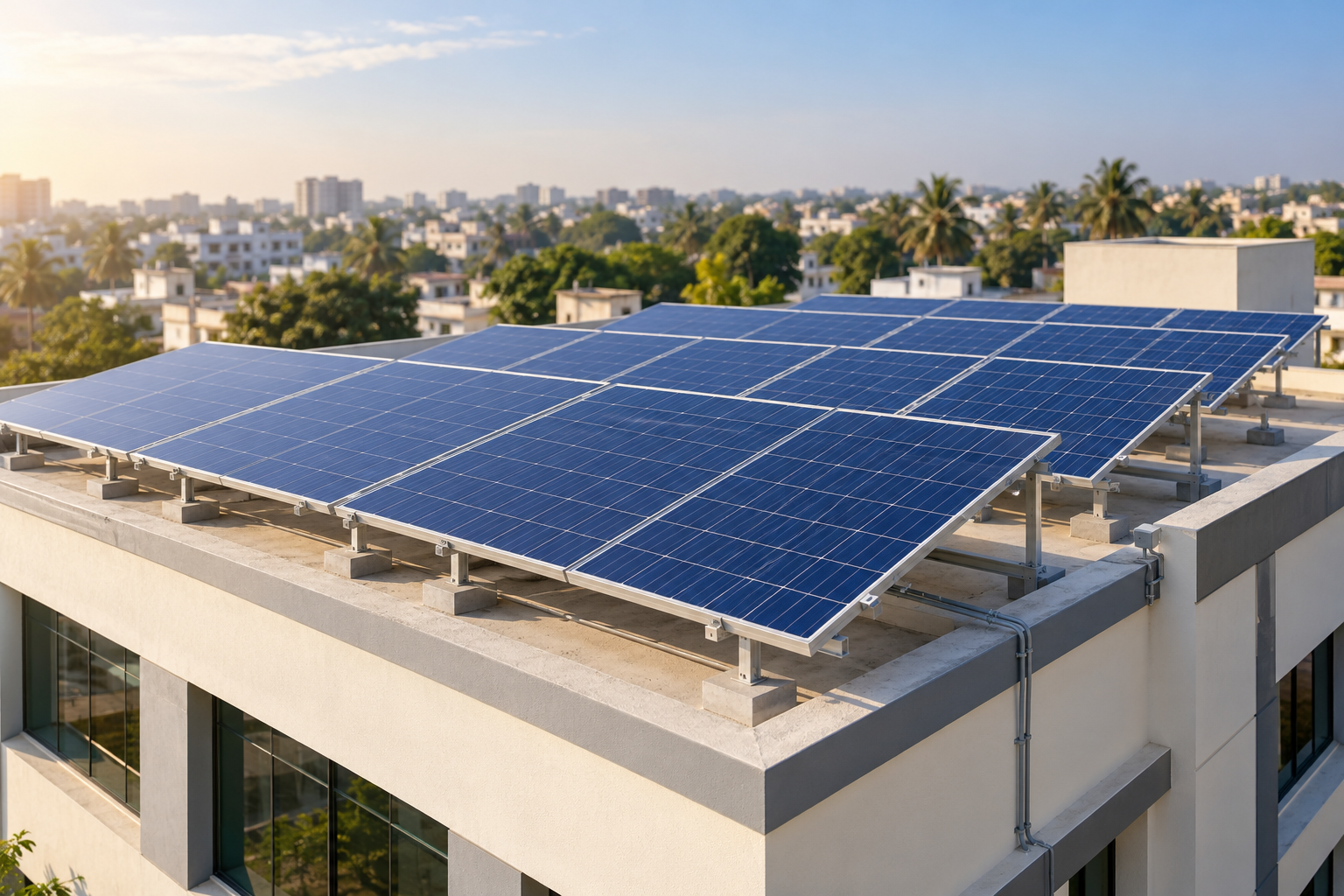 Illustration of a rooftop solar array on an Indian commercial building
