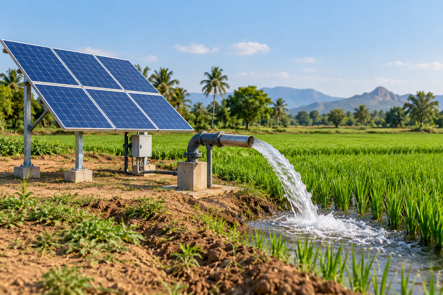Illustration of a ground-mounted solar array supplying agricultural irrigation