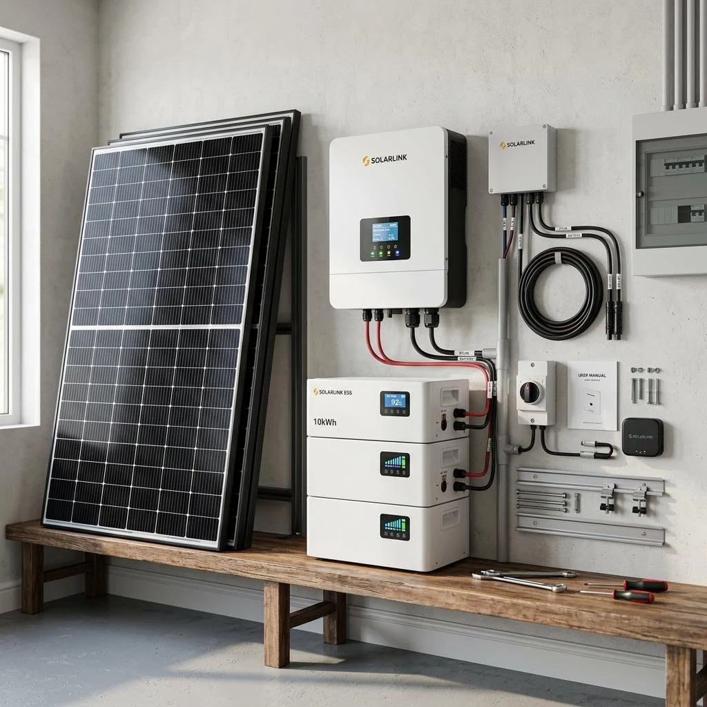 Illustration of a solar panel, inverter and battery combination