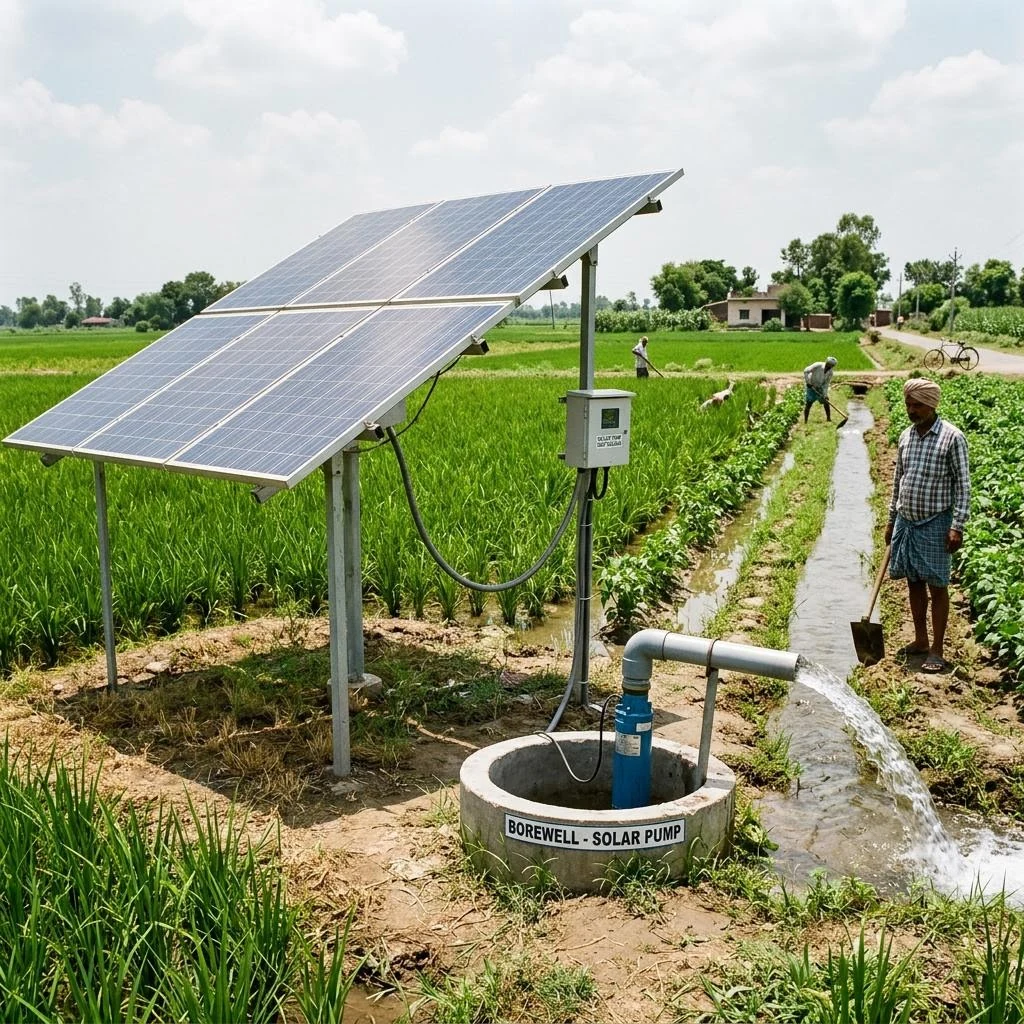 Illustration of solar panels powering an agricultural irrigation pump