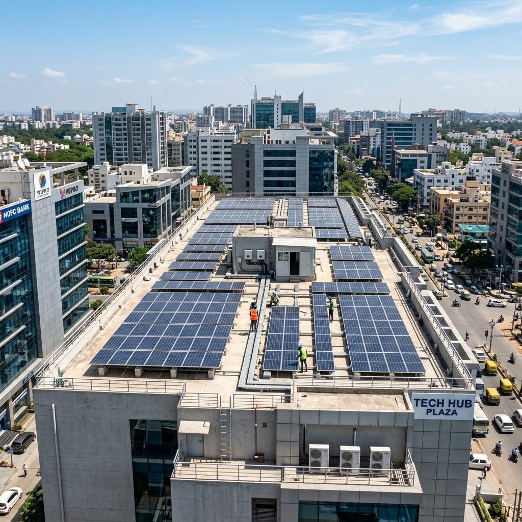 Commercial building rooftop solar installation for business electricity savings