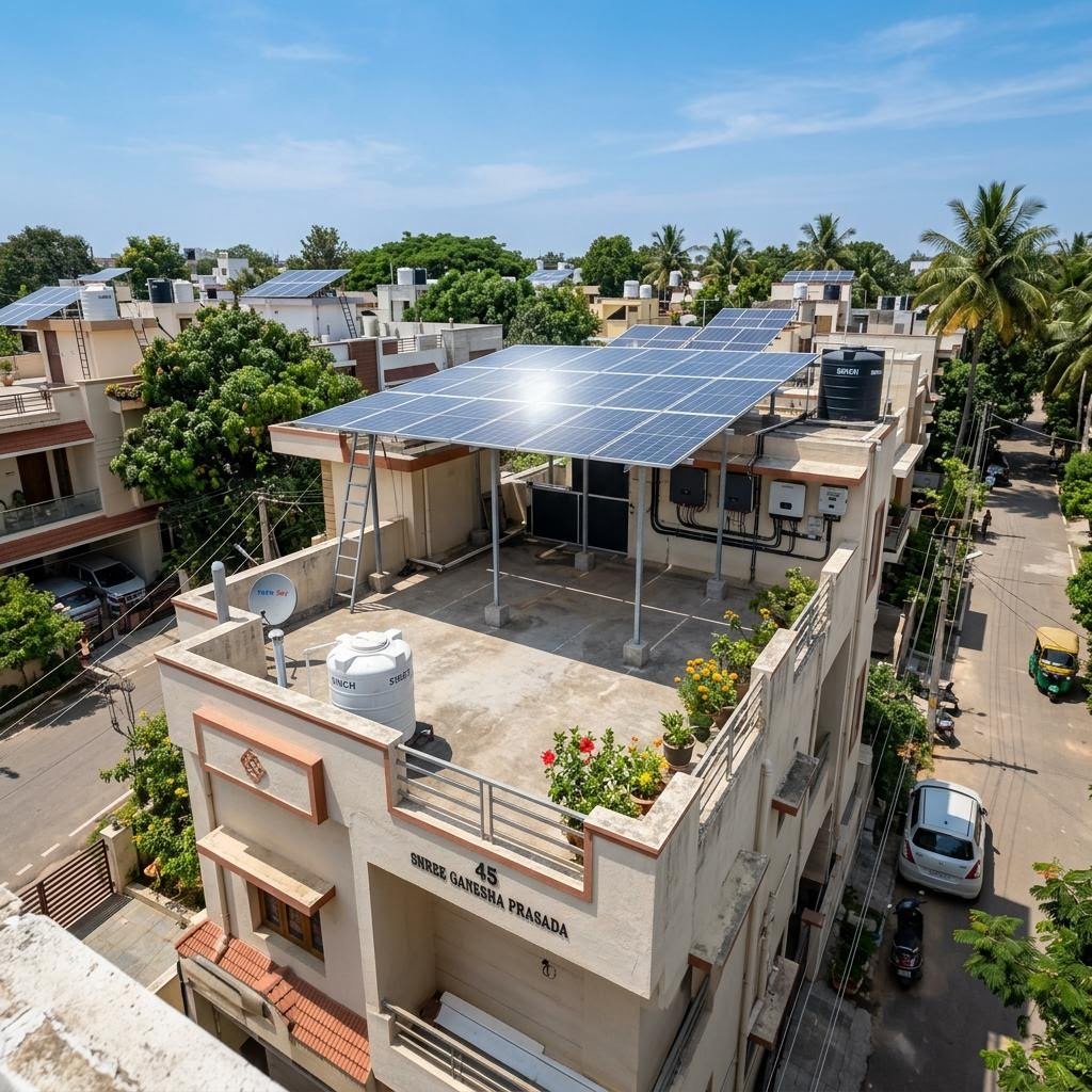 Residential rooftop solar panel installation on Indian home in Bengaluru