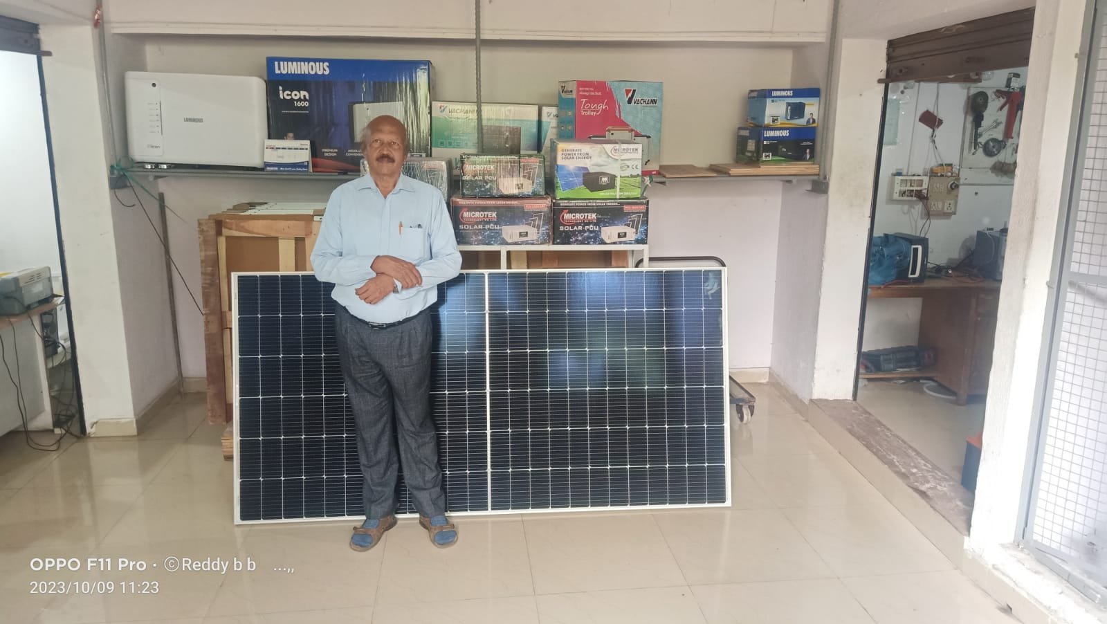 Mr. Mohan Kumar Pai at the Pai Power Solutions solar product showroom